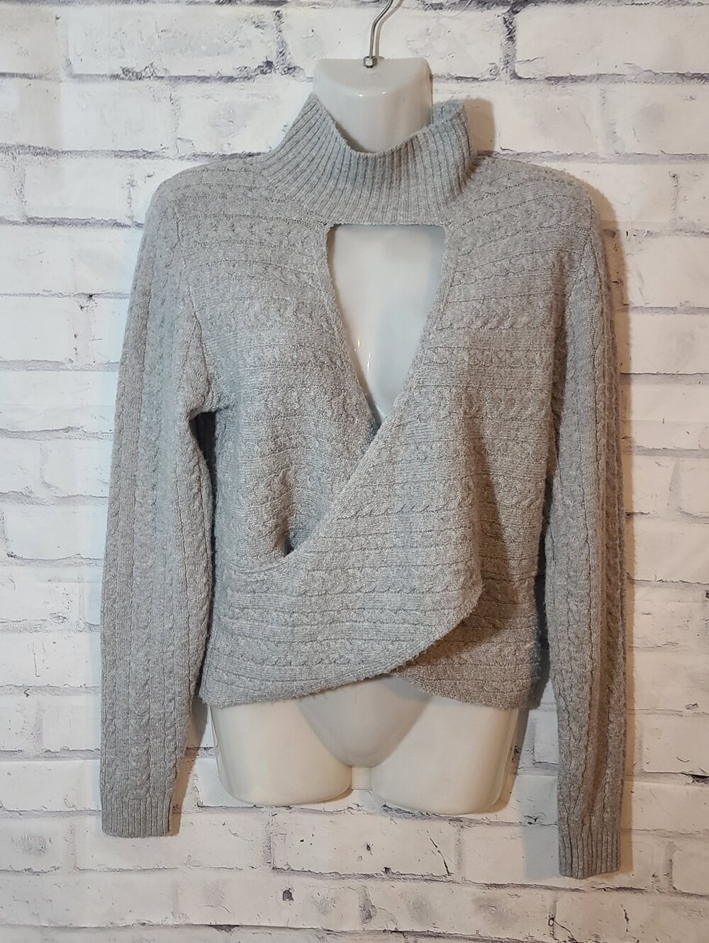 Pink Rose Gray Cable-Knit Mock Neck Cutout Wrap Front Pullover Sweater M